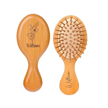 Personalized Bamboo Brush for Hair Growth, Custom Name Natural Wooden Scalp Brush Hair Scalp Massager Detangling Hairbrush for Kids and Women and Anti-Static Round Wood Pins (Mini Travel Size Hair Brush)