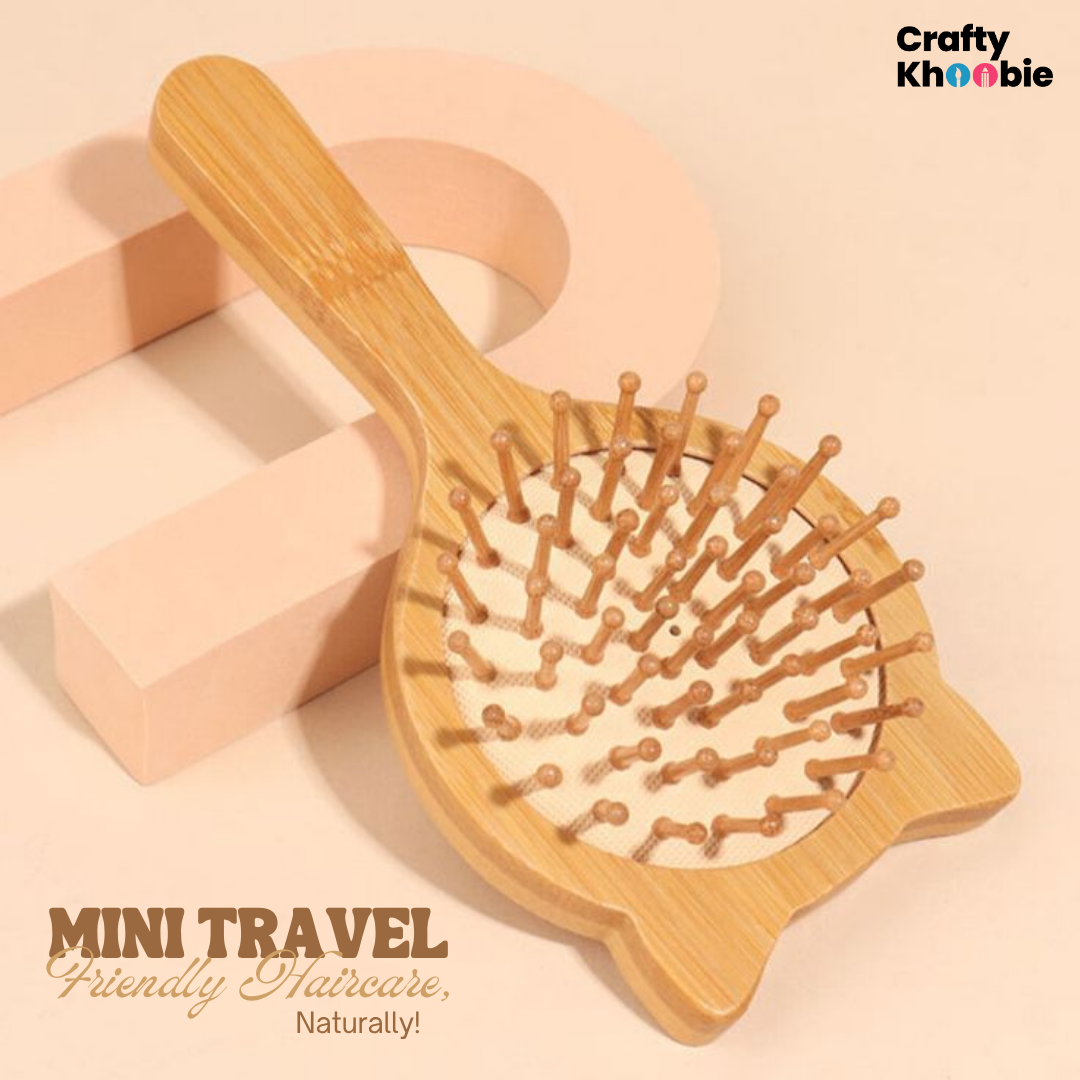 Mini Travel Hair Brush, Natural Wooden Paddle Hairbrush for Long Short Curly Thick Thin Hair for Men Women Kids Massaging Scalp Reducing Tangle & Hair Breakage Promoting Hair Growth (Cat Shape Hair Brush)