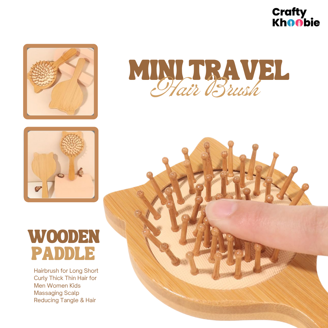 Mini Travel Hair Brush, Natural Wooden Paddle Hairbrush for Long Short Curly Thick Thin Hair for Men Women Kids Massaging Scalp Reducing Tangle & Hair Breakage Promoting Hair Growth (Cat Shape Hair Brush)