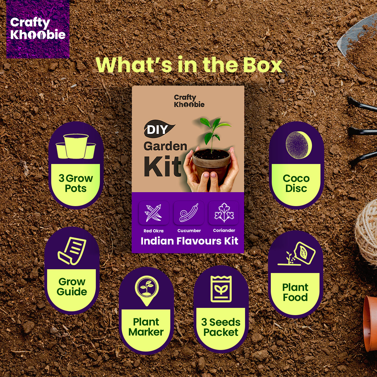 3 in 1 Indian Flavours Kit | DIY Kit of Vegetable Seeds for Home Garde |  – Red Okra, Cucumber & Coriander Plant Seeds