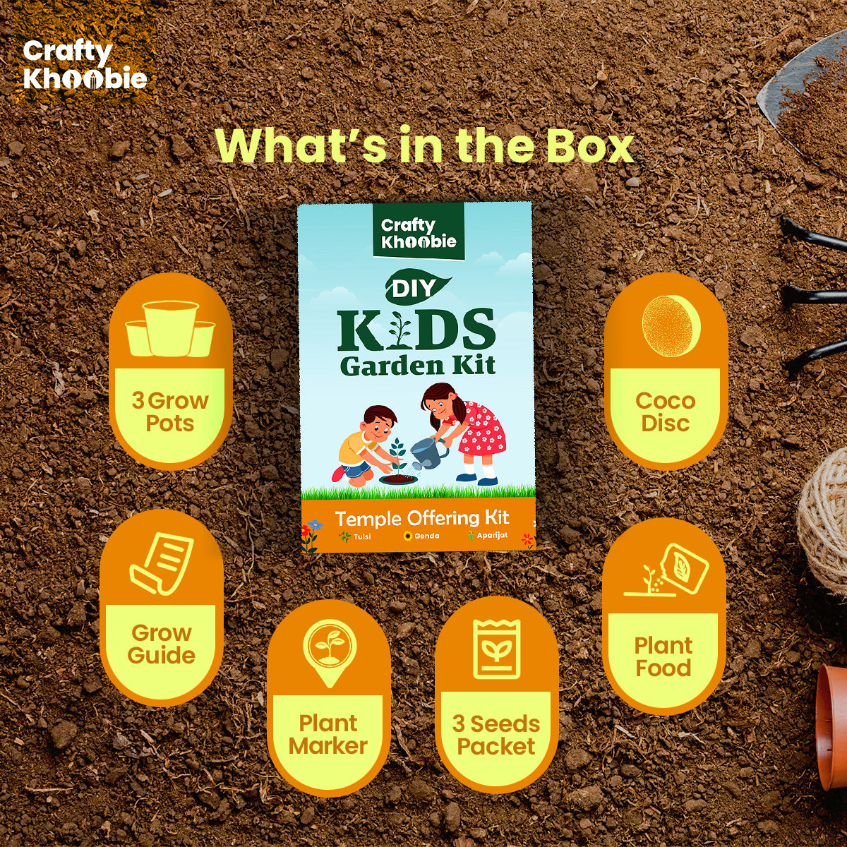 3 in 1 Temple Offering Kit | DIY Kit of Sacred Plant Seeds for Home Garden | Grow Your Own Tulsi, Genda & Aparijat | Ideal for Kids & Spiritual Gifting