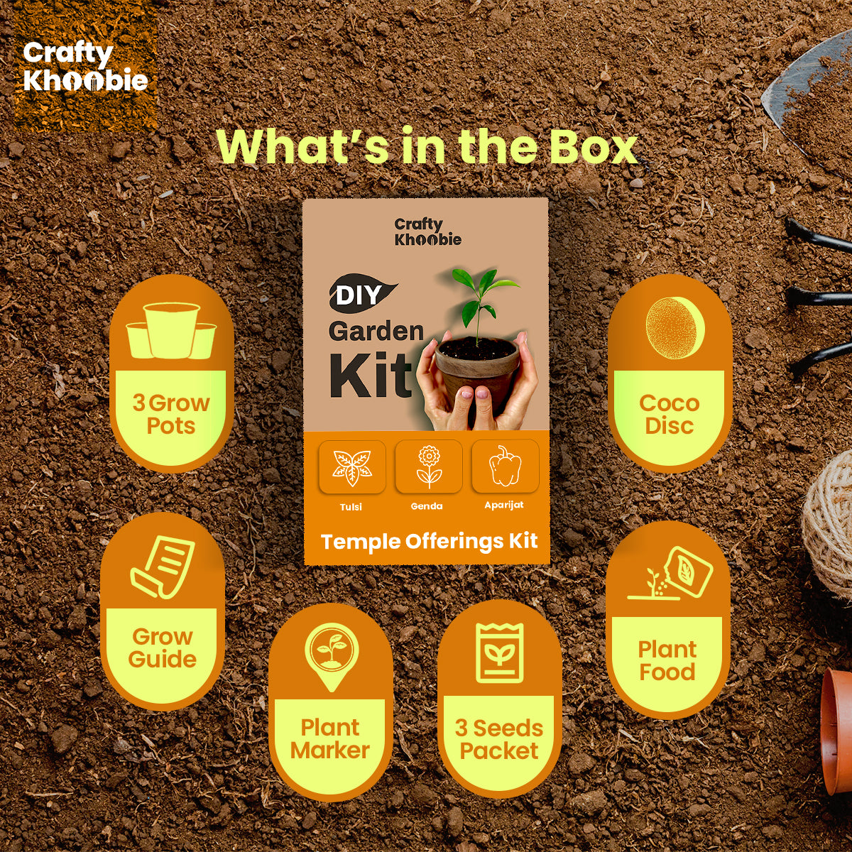 3 in 1 Temple Offerings Kit | DIY Kit of Sacred Plant Seeds for Home Garden – Tulsi, Genda & Aparijat Flower Seeds