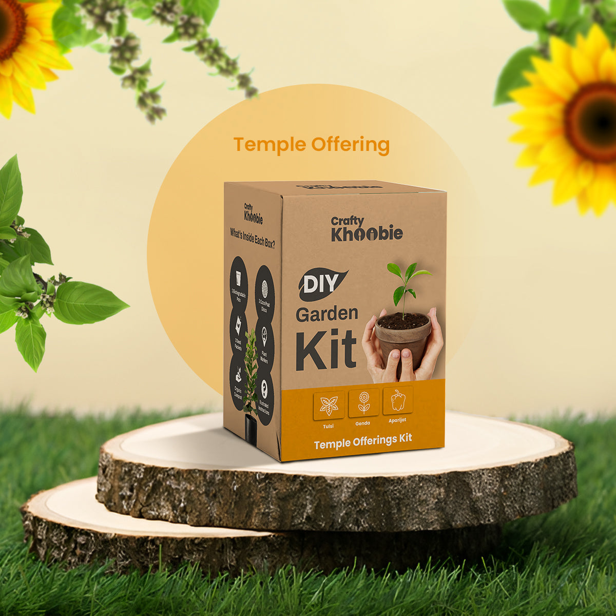 3 in 1 Temple Offerings Kit | DIY Kit of Sacred Plant Seeds for Home Garden – Tulsi, Genda & Aparijat Flower Seeds